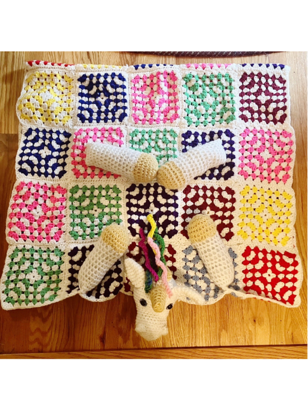Handmade Crochet Amigurumi Unicorn Blanket Granny Squares 31” X 53” Multicolored